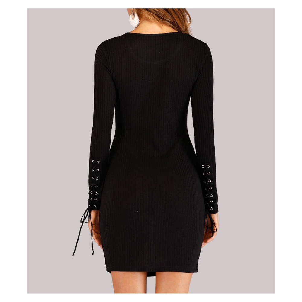 Black Lace Up Details Ribbed Bodycon Dress - Picture 3 of 8